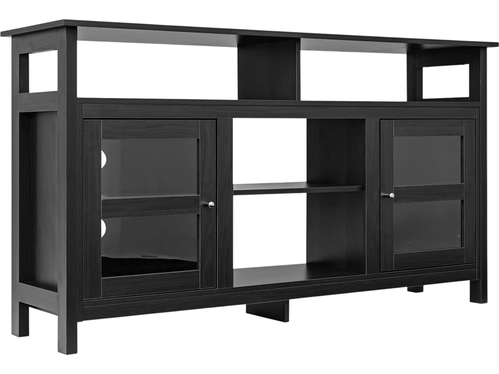 58-inch black TV stand with 2 cabinets, open shelves, and removable middle shelf for versatile home decor and storage.