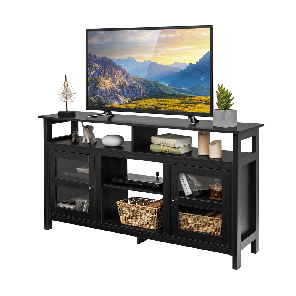 Black 58-inch TV stand with 2 cabinets, open shelves, and removable middle shelf for versatile home decor and.