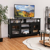 Black 58-inch TV stand with 2 cabinets, open shelves, and rustic design, perfect for living room or bedroom decor.