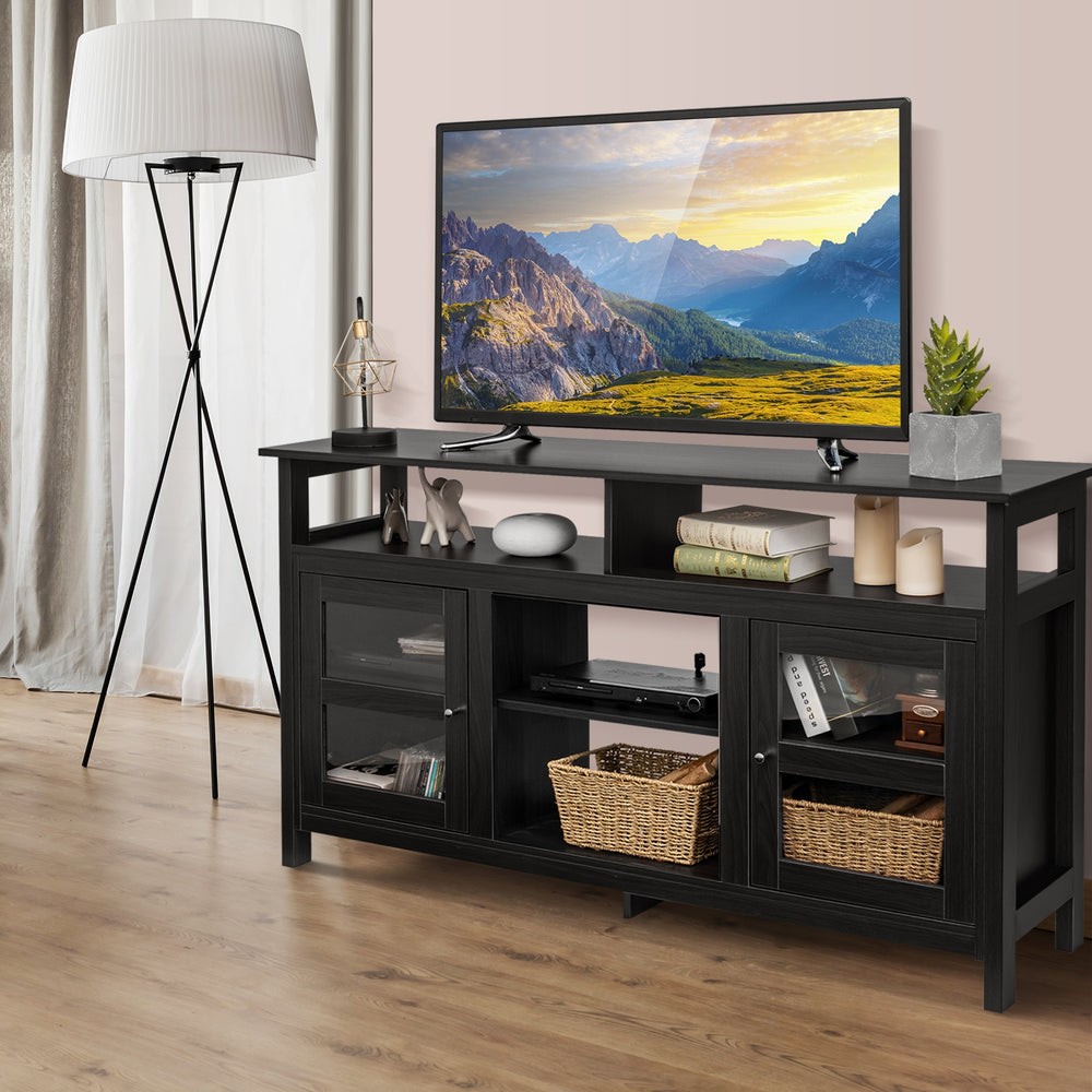 Black 58-inch TV stand with 2 cabinets, open shelves, and a spacious top for TVs up to 65 inches, perfect for any decor.