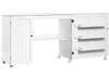 Folding sewing table in white with three storage bins and wheels, ideal for crafting and computer use.