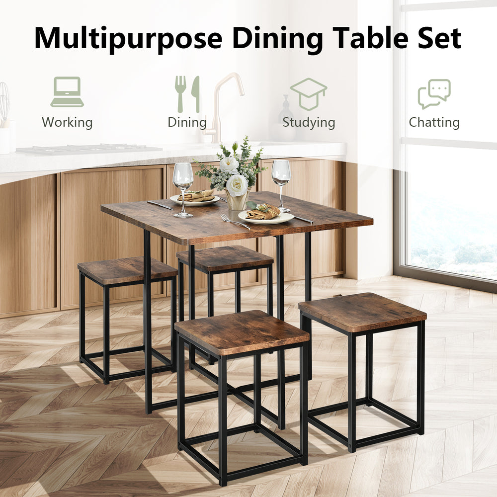 5-piece dining table set featuring a walnut finish, metal frame, and four stools, ideal for compact spaces.