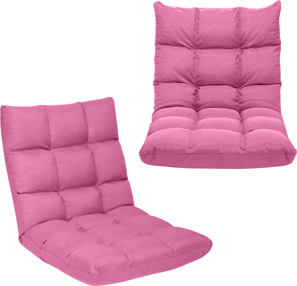 Adjustable pink folding gaming sofa with 14 positions, breathable fabric, and ergonomic backrest for comfort.