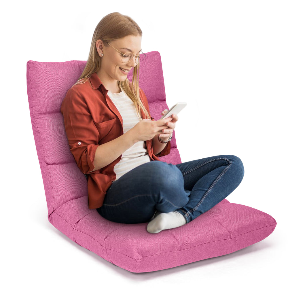 Adjustable pink gaming sofa with 14 positions, featuring breathable fabric and ergonomic design for comfort in any.