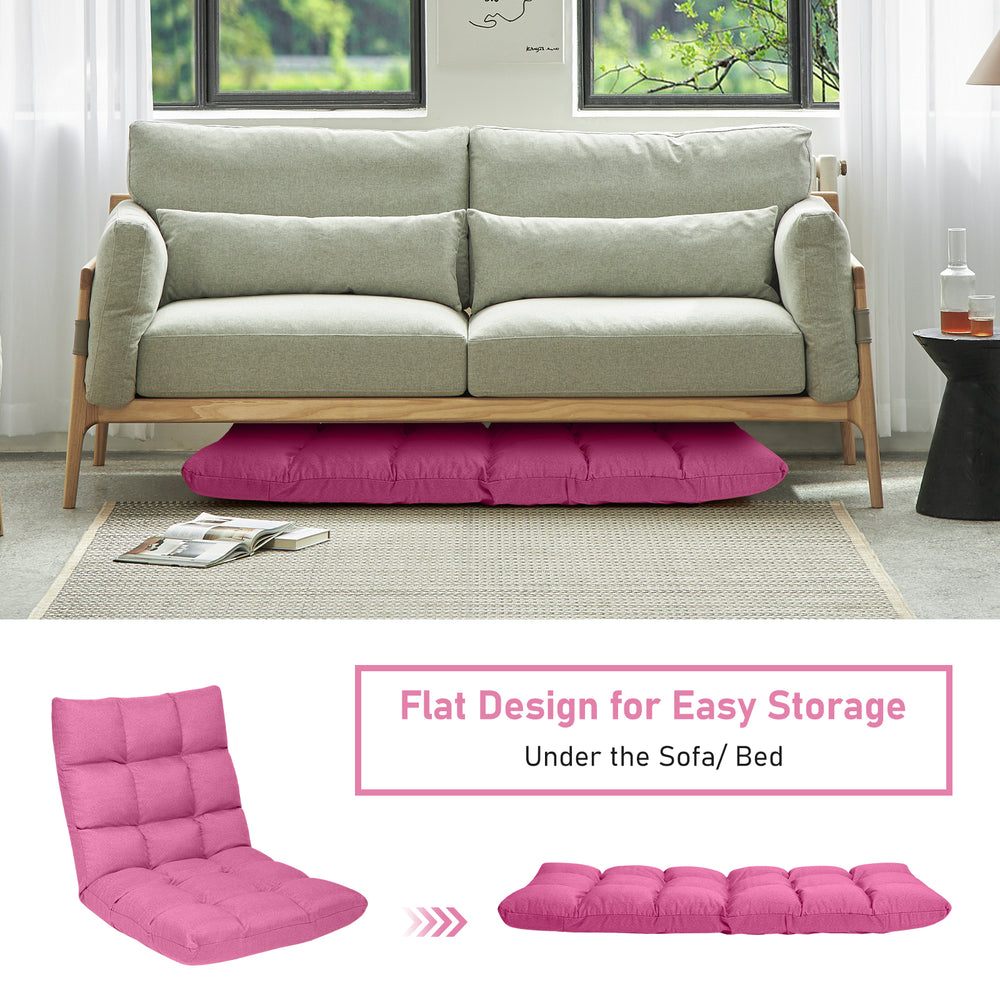 14-position adjustable folding lazy gaming sofa in pink, featuring breathable fabric and ergonomic backrest for comfort.