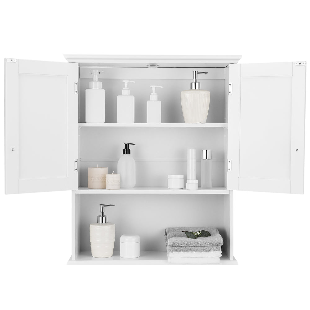 White 2-door wall mount bathroom storage cabinet with adjustable shelves, perfect for organizing toiletries and saving.