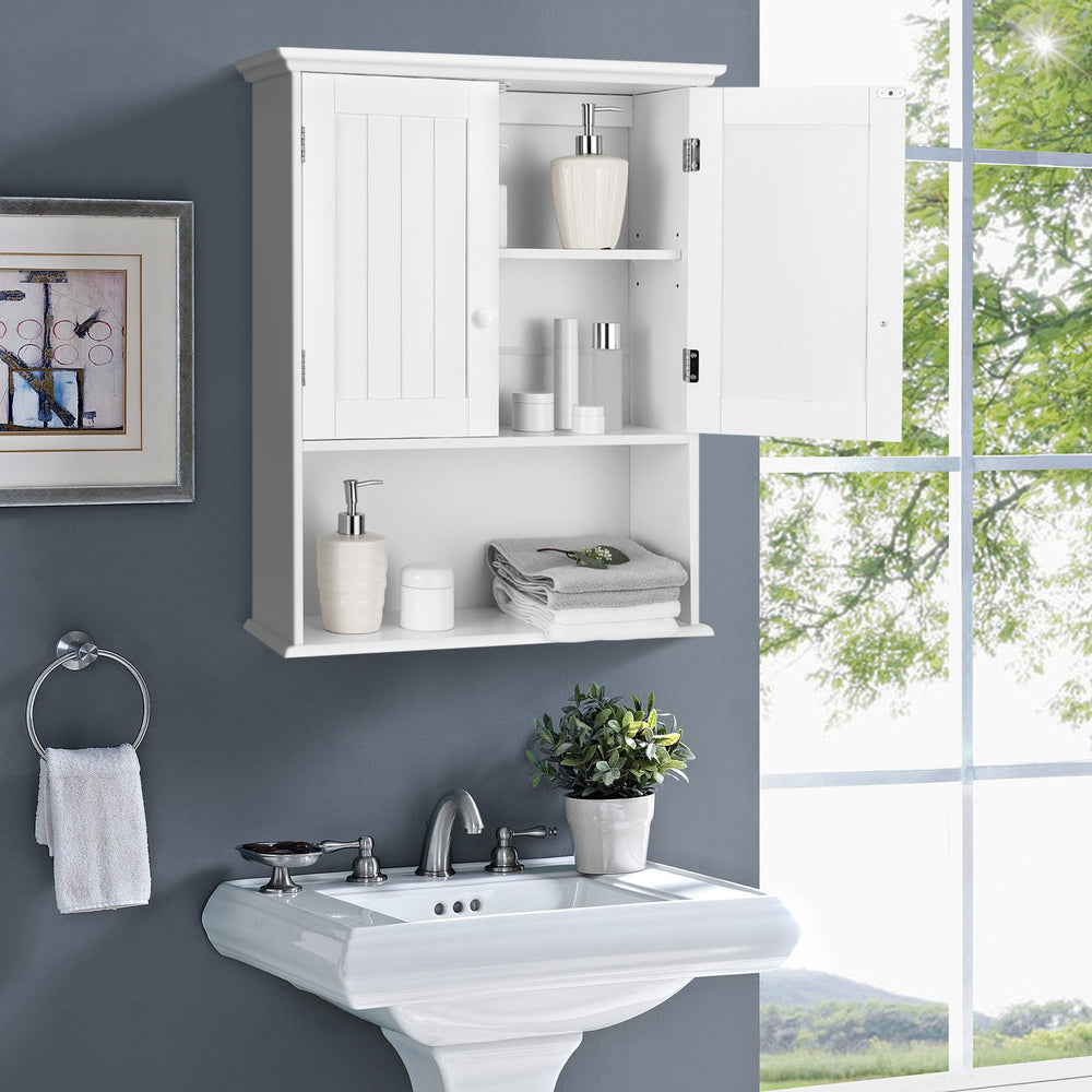 Wall-mounted white bathroom storage cabinet with two doors and open shelf, ideal for organizing toiletries and saving.