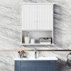 White 2-door wall-mounted bathroom storage cabinet with open shelf, made of durable MDF, ideal for organizing.
