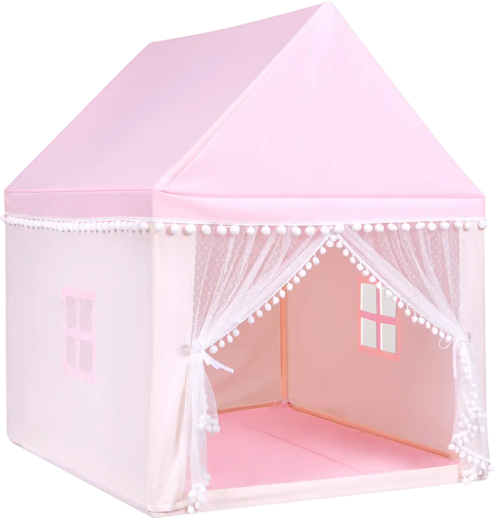 Large pink kids play tent with solid wood frame, mesh curtains, and thick mat for indoor or outdoor fun.