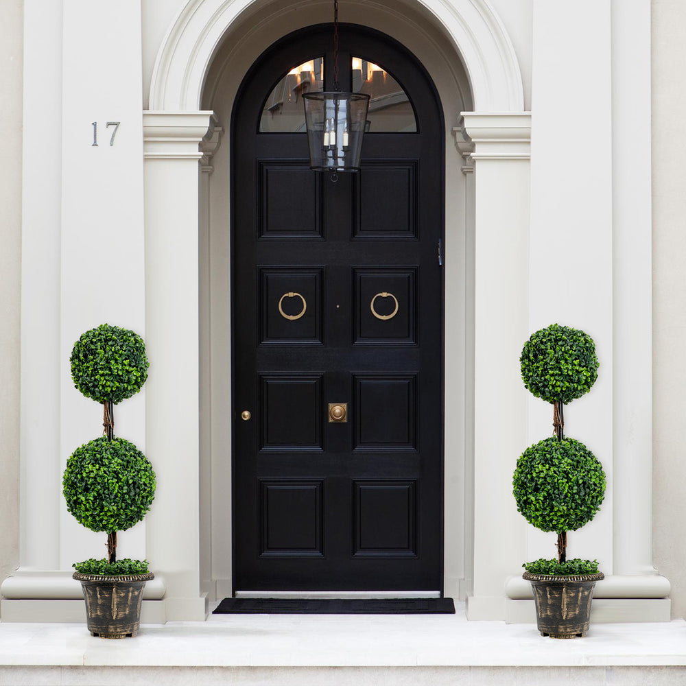 Artificial 36-inch double ball tree with UV protection, perfect for indoor and outdoor decor, featuring a stable base.