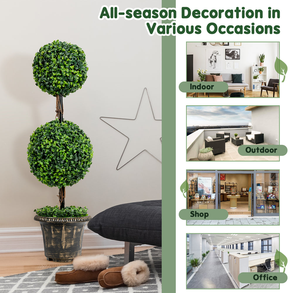36-inch artificial double ball tree with UV protection, ideal for indoor and outdoor decoration in various settings.