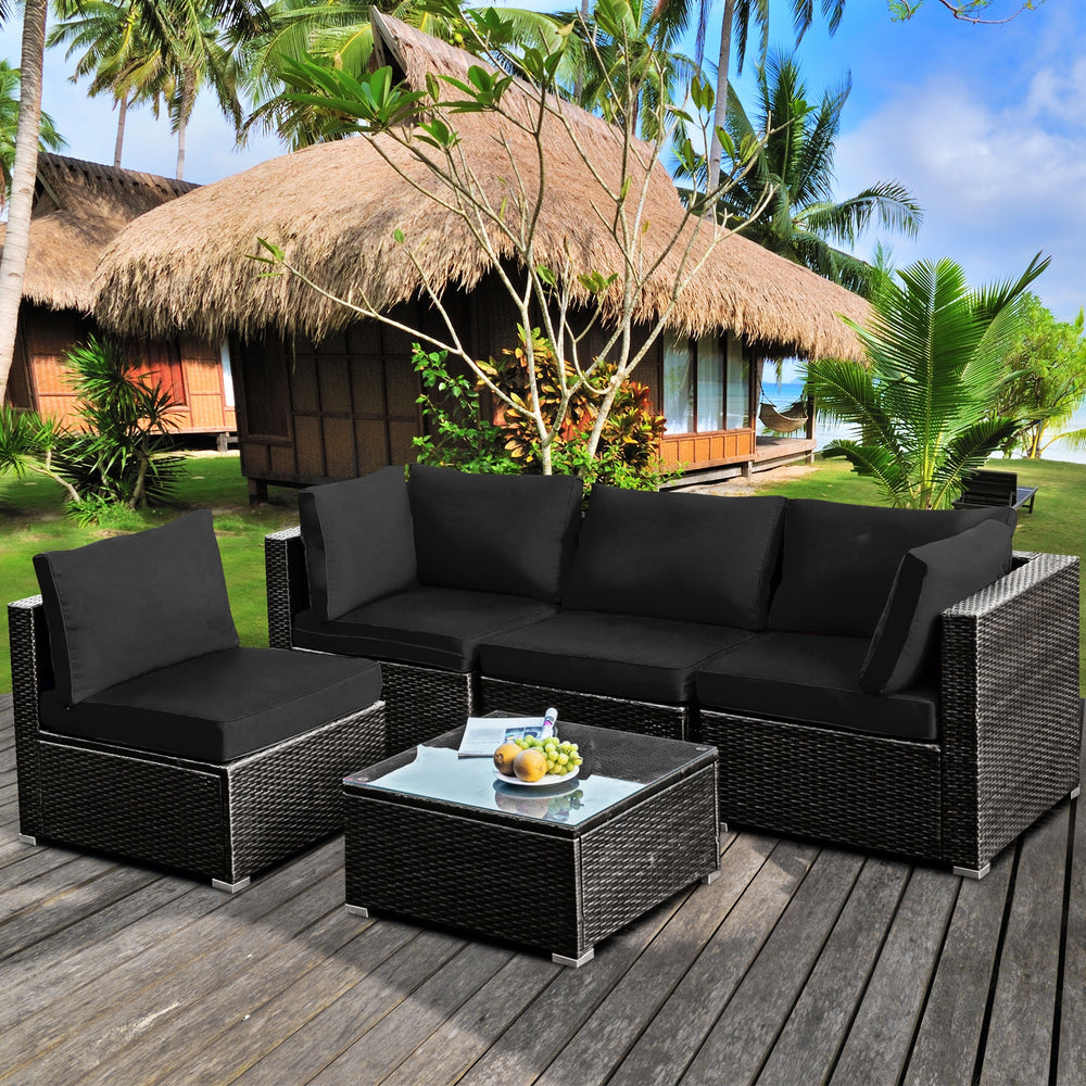 5 Pieces Cushioned Patio Rattan Furniture Set with Glass Table-Black - Gallery View 1 of 12