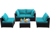 5-piece cushioned patio rattan furniture set in turquoise with a glass table, ideal for outdoor relaxation.