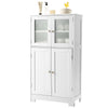 White bathroom floor storage locker with tempered glass doors and adjustable shelf for organized storage in any room.