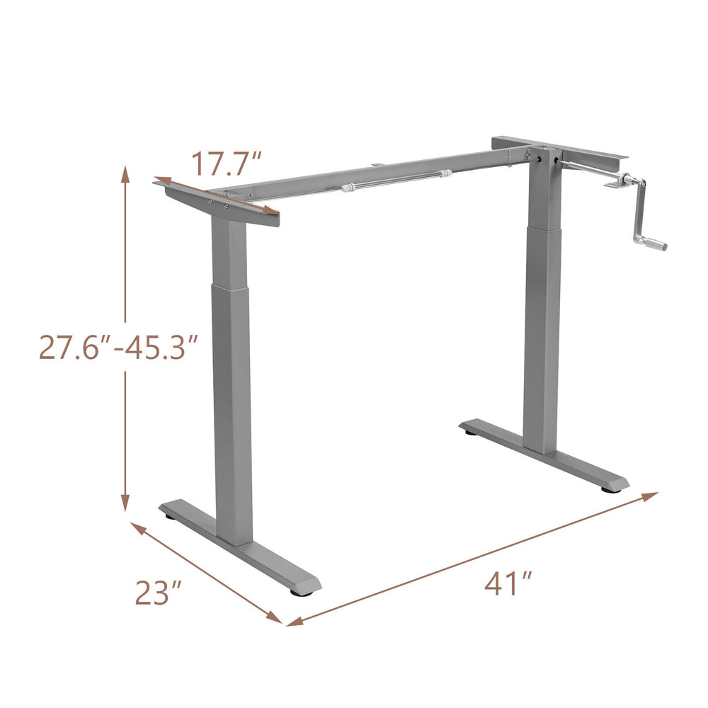 Height adjustable gray hand crank desk frame with dimensions 41" x 23", suitable for sitting or standing work positions.