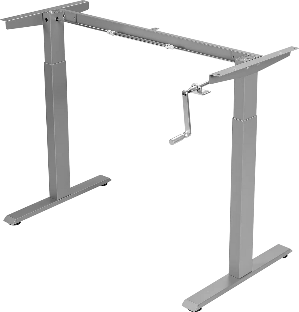 Height adjustable gray hand crank desk frame with sturdy steel construction for versatile sitting or standing use.