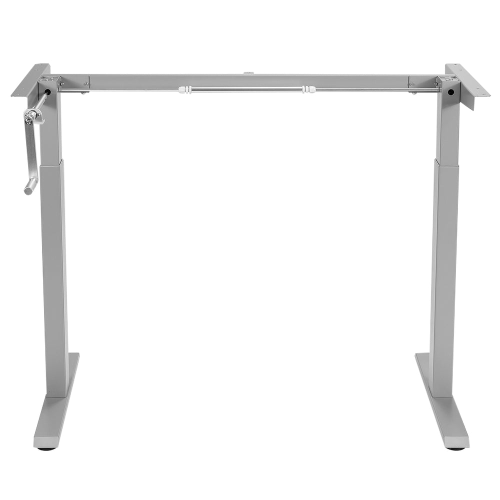 Height adjustable gray hand crank desk frame with sturdy steel construction and cable management for ergonomic.