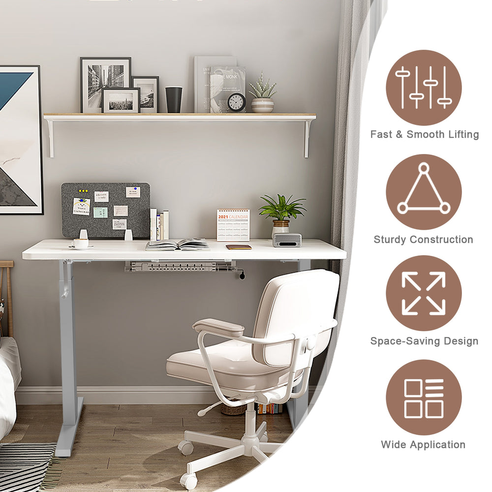 Height adjustable gray hand crank sit to stand desk frame with sturdy steel construction and cable management for a.