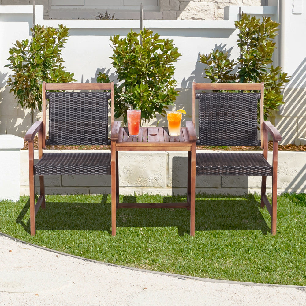 2-seat patio set featuring acacia wood chairs with rattan seats and a coffee table, ideal for outdoor relaxation.