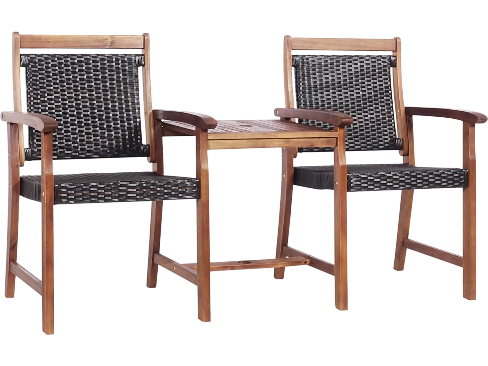 Costway 2-Seat Patio Rattan Acacia Wood Chair Coffee Table Set 02153874 New