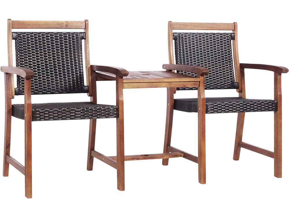 2-Seat Patio Rattan Acacia Wood Chair with Coffee Table