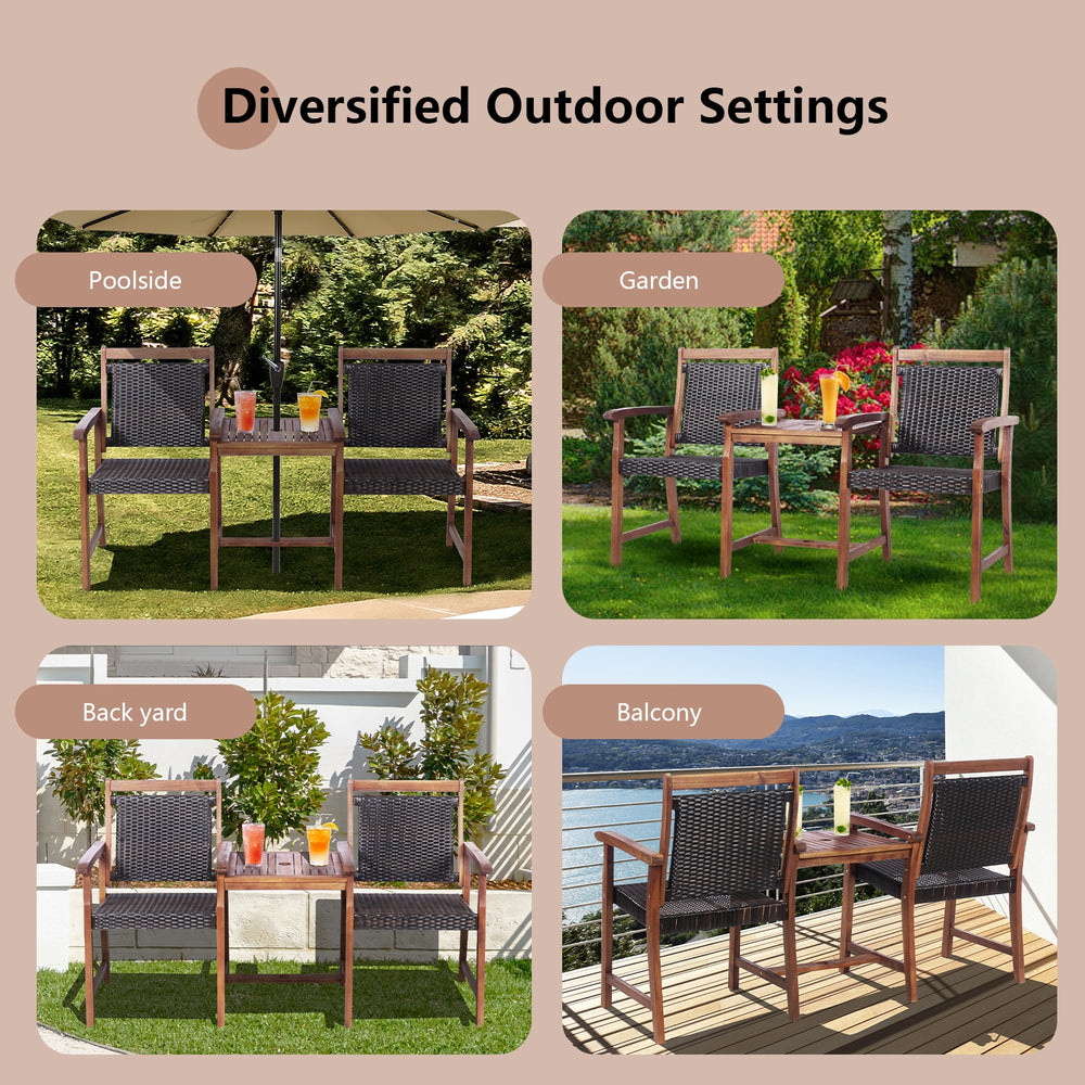 2-seat patio rattan chair set with acacia wood table, perfect for outdoor use in gardens, backyards, or poolside.