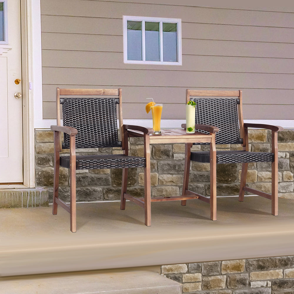 Two-seat patio rattan chair set with acacia wood table, featuring comfortable seating and an umbrella hole for outdoor.