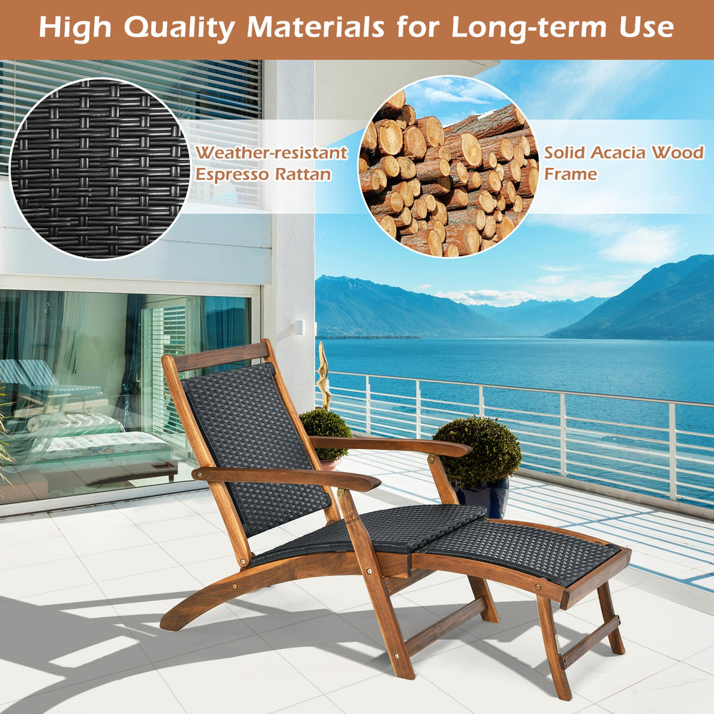 Patio rattan folding lounge chair with acacia wood frame, featuring a retractable footrest for comfortable outdoor.