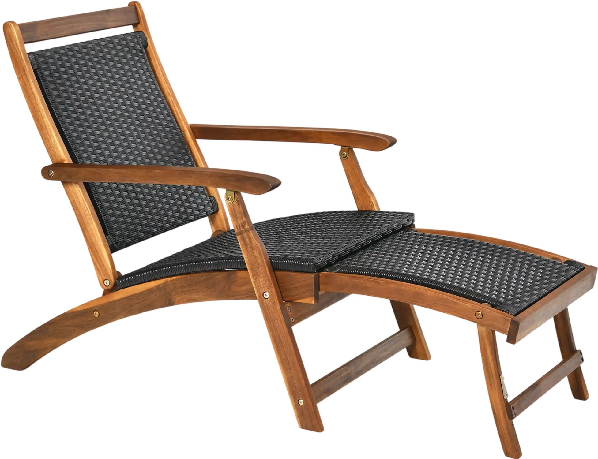 Costway Patio Rattan Folding Chaise Lounge Chair Acacia Wood Retractable Footrest 09537146 New