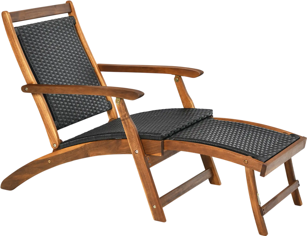 Patio Rattan Folding Lounge Chair with Acacia Wooden Frame Retractable Footrest