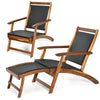Folding lounge chair with acacia wood frame and PE rattan, featuring a retractable footrest for outdoor relaxation.