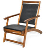 Folding lounge chair with acacia wood frame and PE rattan seat, ideal for patio and garden relaxation.