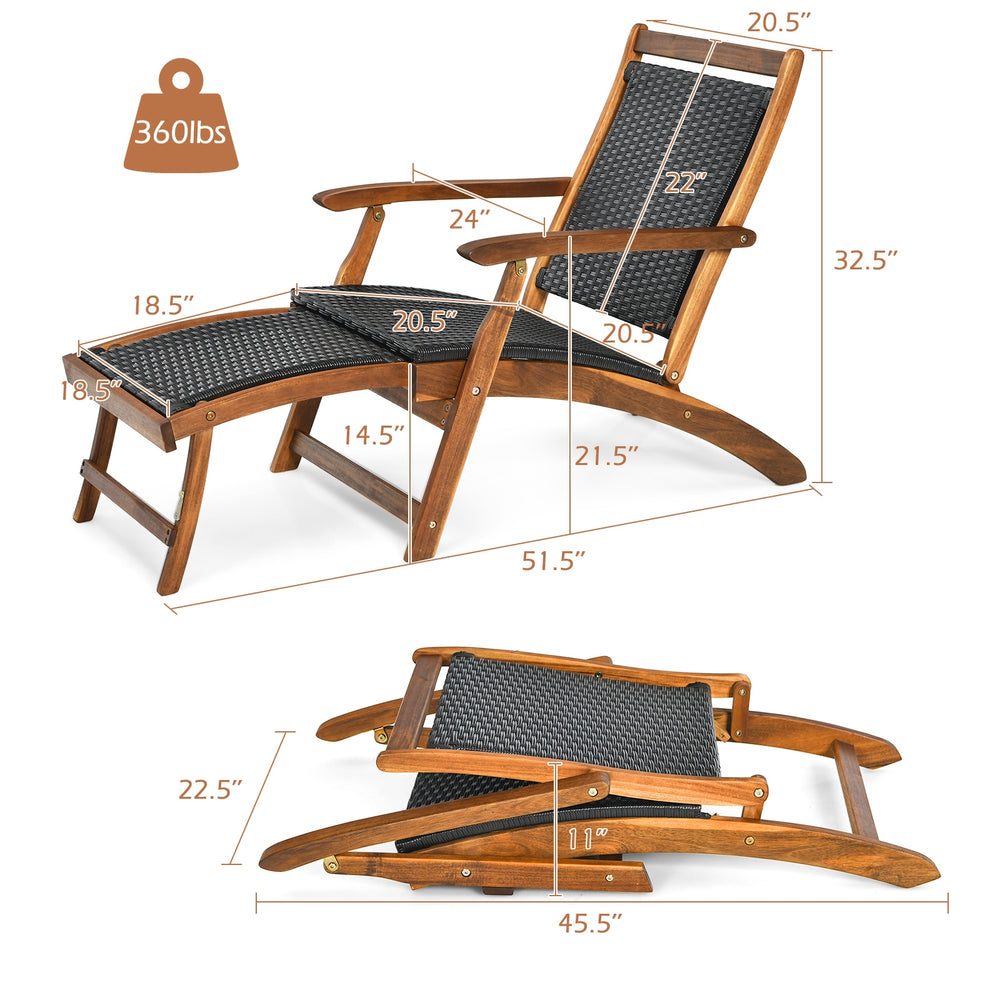 Patio rattan folding lounge chair with acacia wood frame, featuring a retractable footrest for outdoor relaxation.