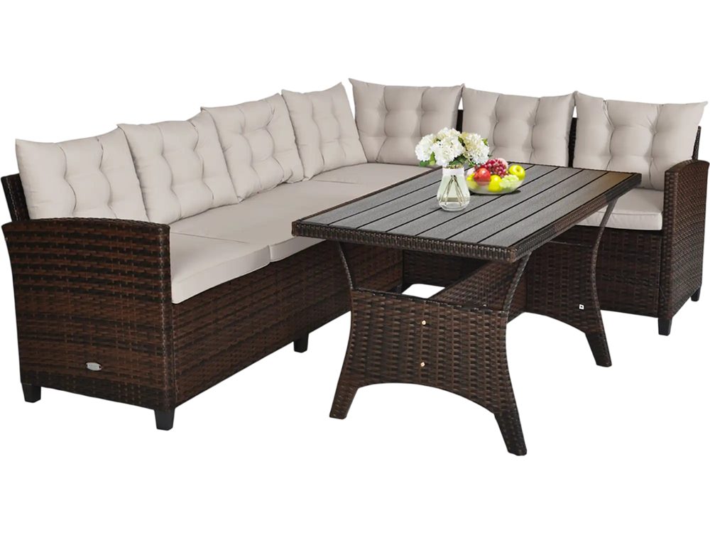 3 Pieces Hand-Woven Rattan Outdoor Sofa Set with Dining Table