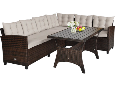 Costway 3-Piece Hand-Woven Rattan Outdoor Sofa Set with Dining Table 89705631 New