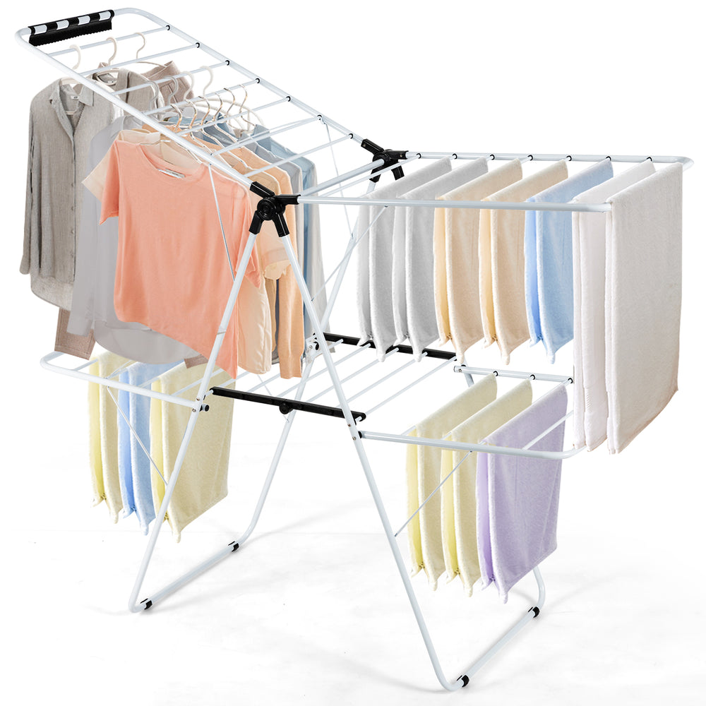2-tier foldable clothes drying rack with adjustable wings, made of durable steel, ideal for indoor and outdoor use.