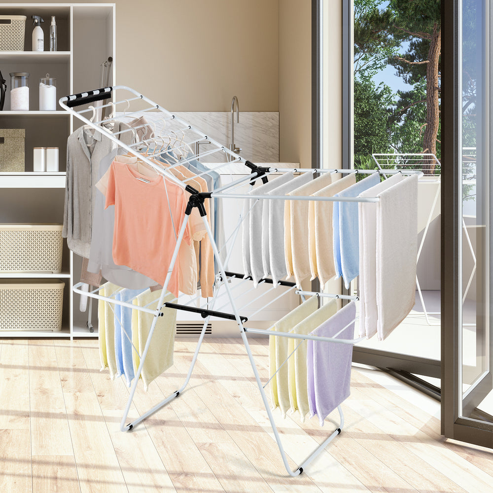Foldable 2-tier clothes drying rack with adjustable gullwing, made of durable steel, ideal for indoor and outdoor use.
