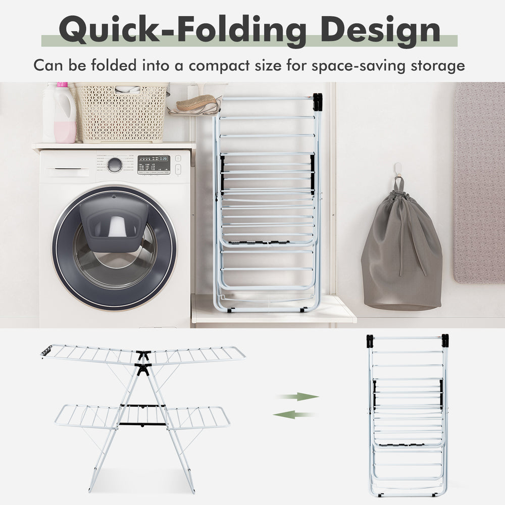 2-Tier foldable clothes drying rack with adjustable gullwing design, made of durable steel for indoor and outdoor use.