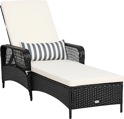Costway Patio Wicker Chaise Lounge Chair w/ Cushion Pillow Adjustable Backrest 12567893 New