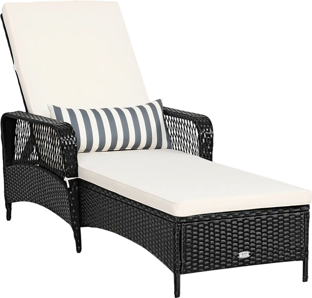 PE rattan chaise lounge chair with adjustable backrest and lumbar pillow, designed for comfortable outdoor lounging.