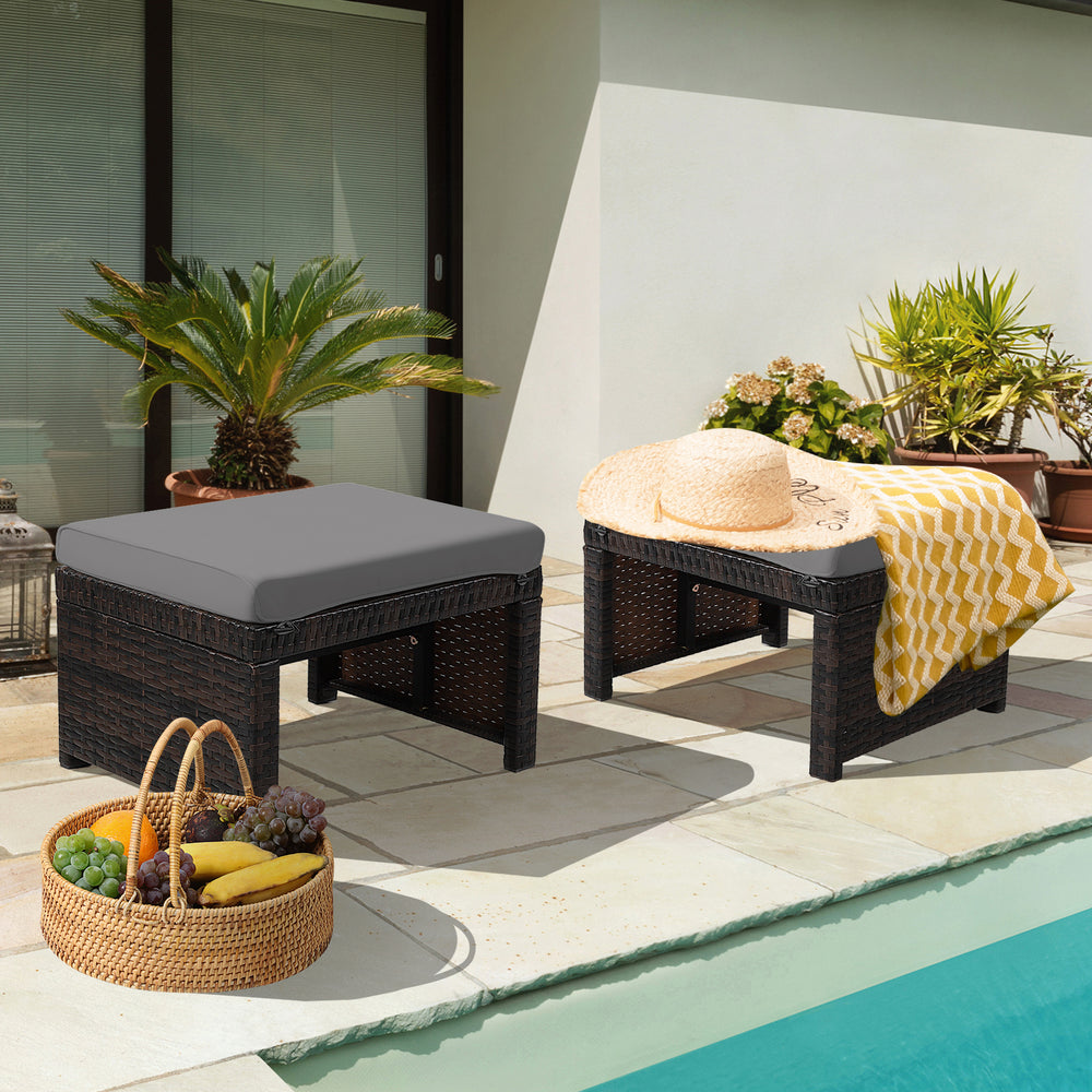 2 Pieces Patio Rattan Ottomans with Soft Cushion for Patio and Garden-Gray - Gallery View 1 of 11