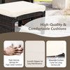 Patio rattan ottoman with soft white cushion, featuring a durable X-frame design for outdoor comfort and stability.