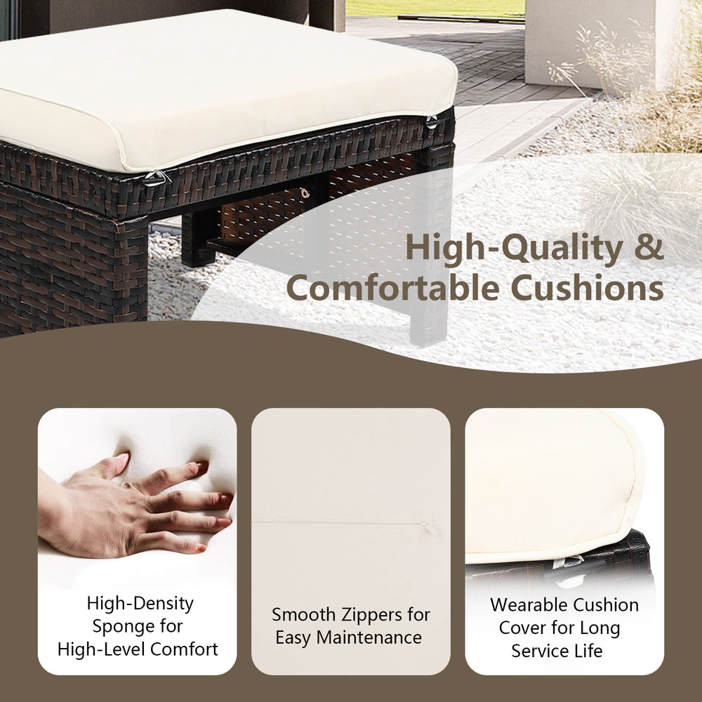 Patio rattan ottoman with soft white cushion, featuring a durable X-frame design for outdoor comfort and stability.