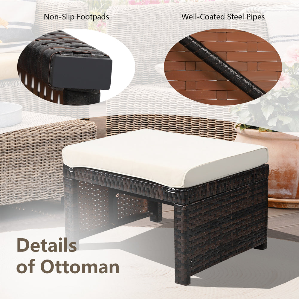 Close-up of a patio rattan ottoman with a soft cushion, featuring non-slip footpads and durable steel pipes for outdoor.