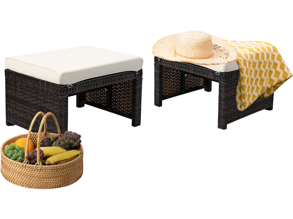 Two patio rattan ottomans with soft cushions, weather-resistant design for outdoor use, ideal for garden or poolside.