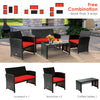 Four-piece patio rattan furniture set with red cushions, including loveseat, two armchairs, and coffee table for.
