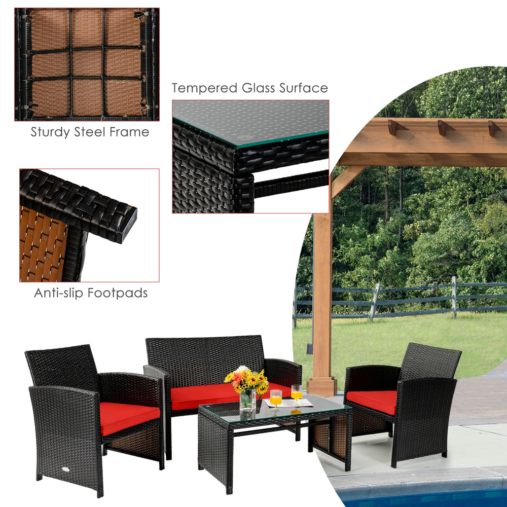 Four-piece patio rattan furniture set with red cushions, featuring a tempered glass coffee table and sturdy steel frame.