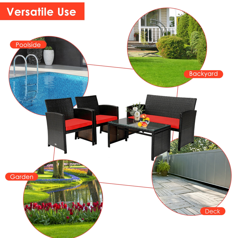 Four-piece patio rattan furniture set with red cushions, ideal for poolside, backyard, garden, or deck use.