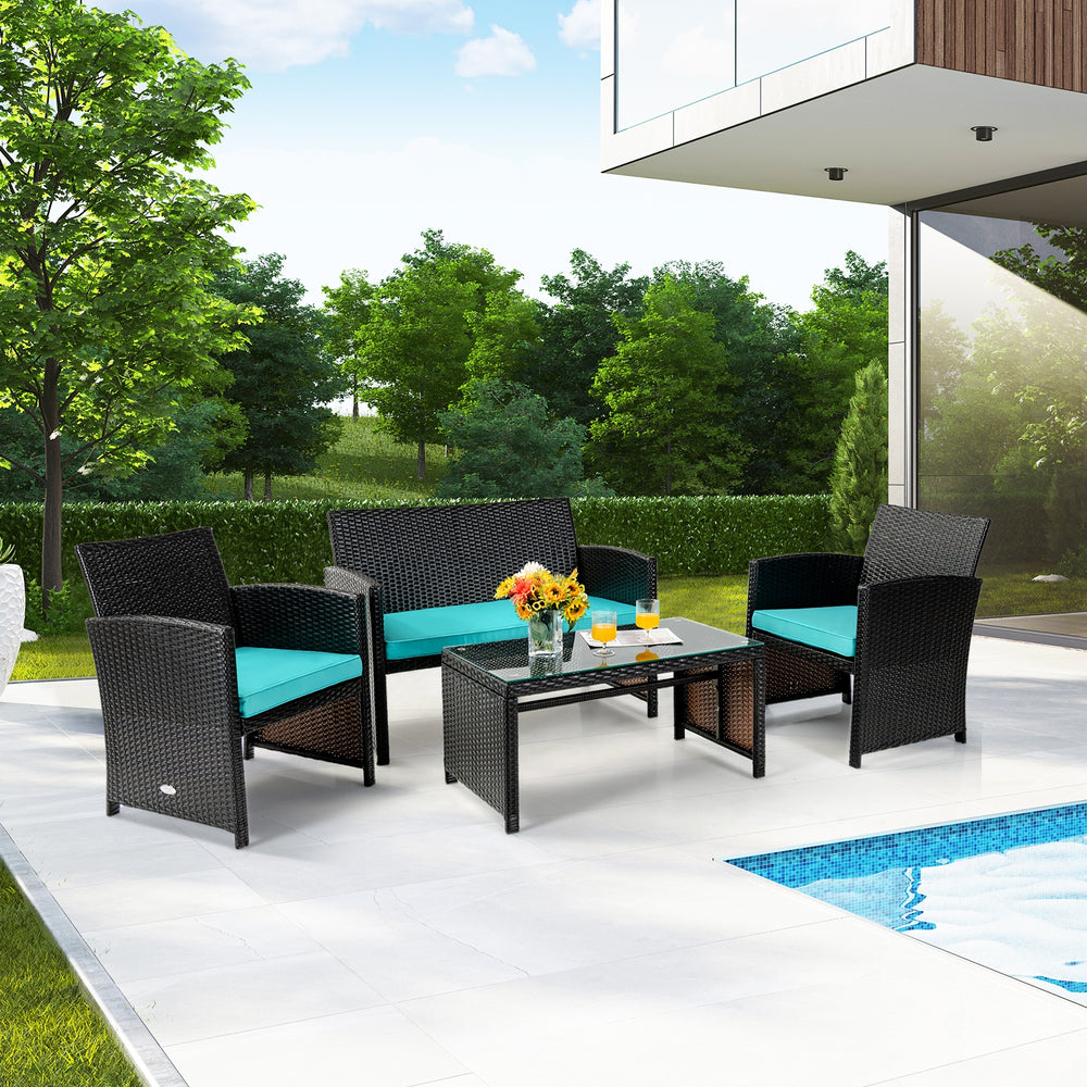 4 Pieces Patio Rattan Cushioned Furniture Set-Turquoise - Gallery View 1 of 10