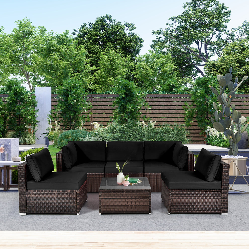 6 Pieces Patio Rattan Furniture Set with Cushions and Glass Coffee Table-Black - Gallery View 1 of 10
